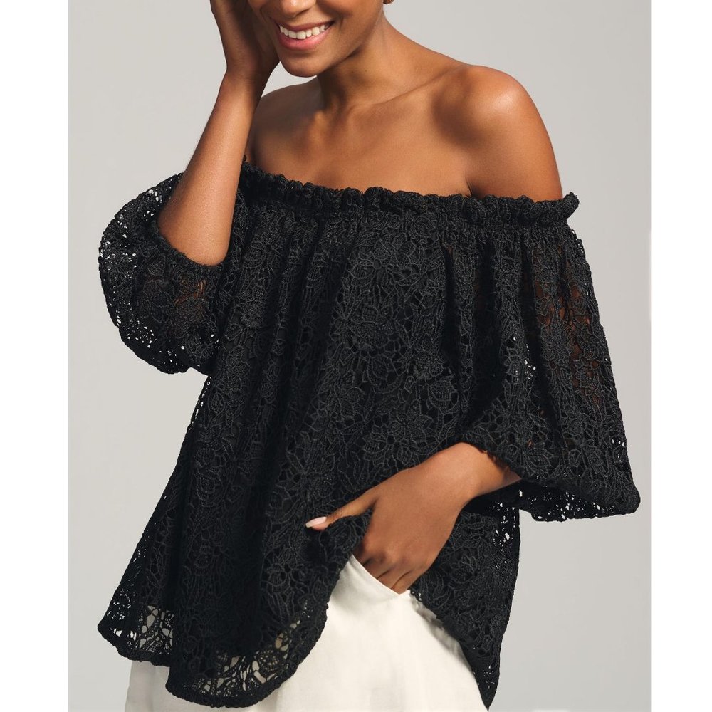 Anthropologie Maeve Off-The-Shoulder Cutwork Top Black - Small